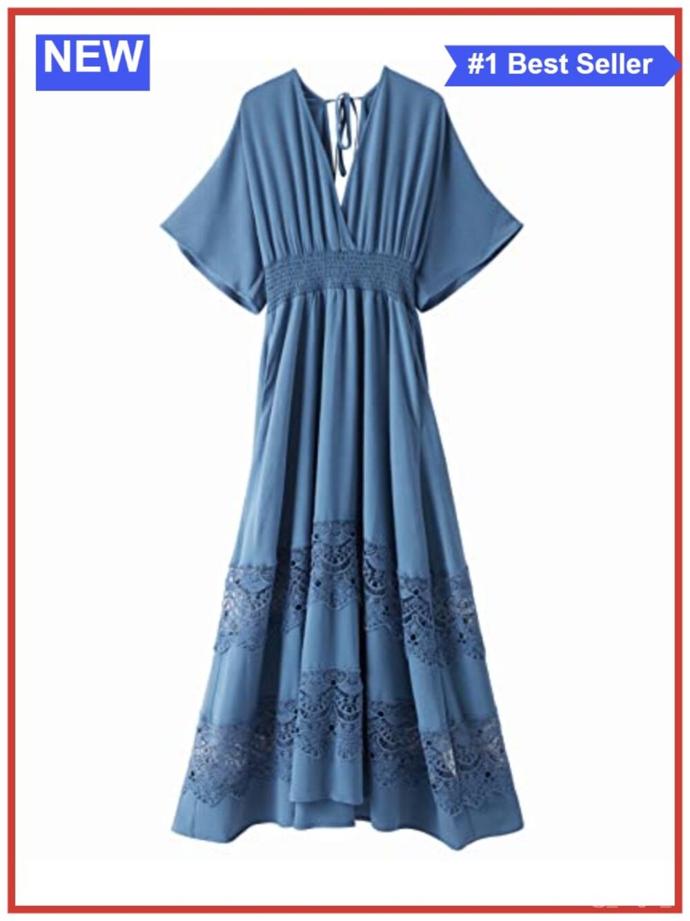 Boho Maxi Dress V Neck Short Sleeve Lace Smocked Waist Flowy (Blue)